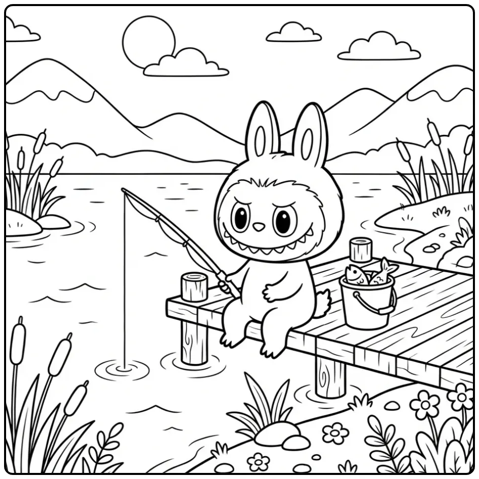 Labubu Summer at the Lake with Mountains coloring page