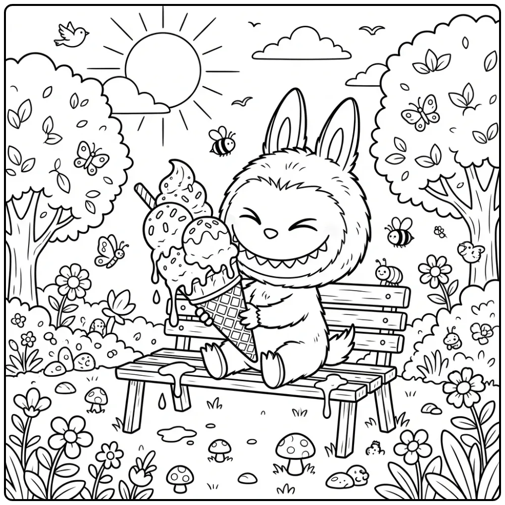 Labubu Eating Ice Cream in a Sunny Park coloring page