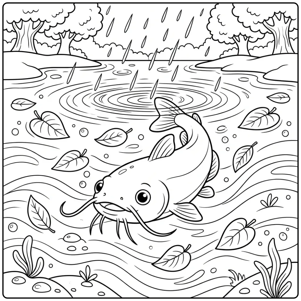 Catfish coloring page swimming in the rain