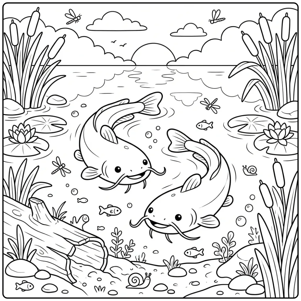 Two Catfish in a Quiet River coloring page
