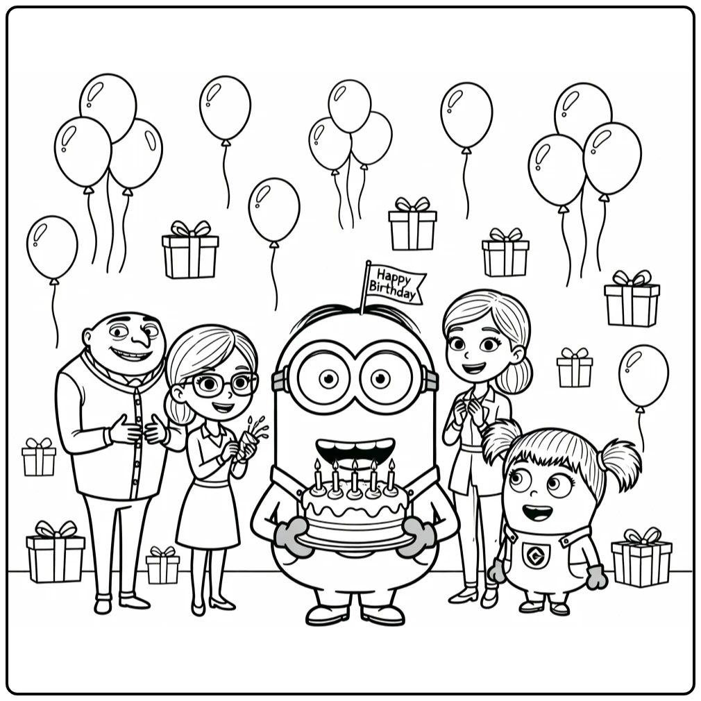 Minions Birthday with Party Balloons and Gifts coloring page