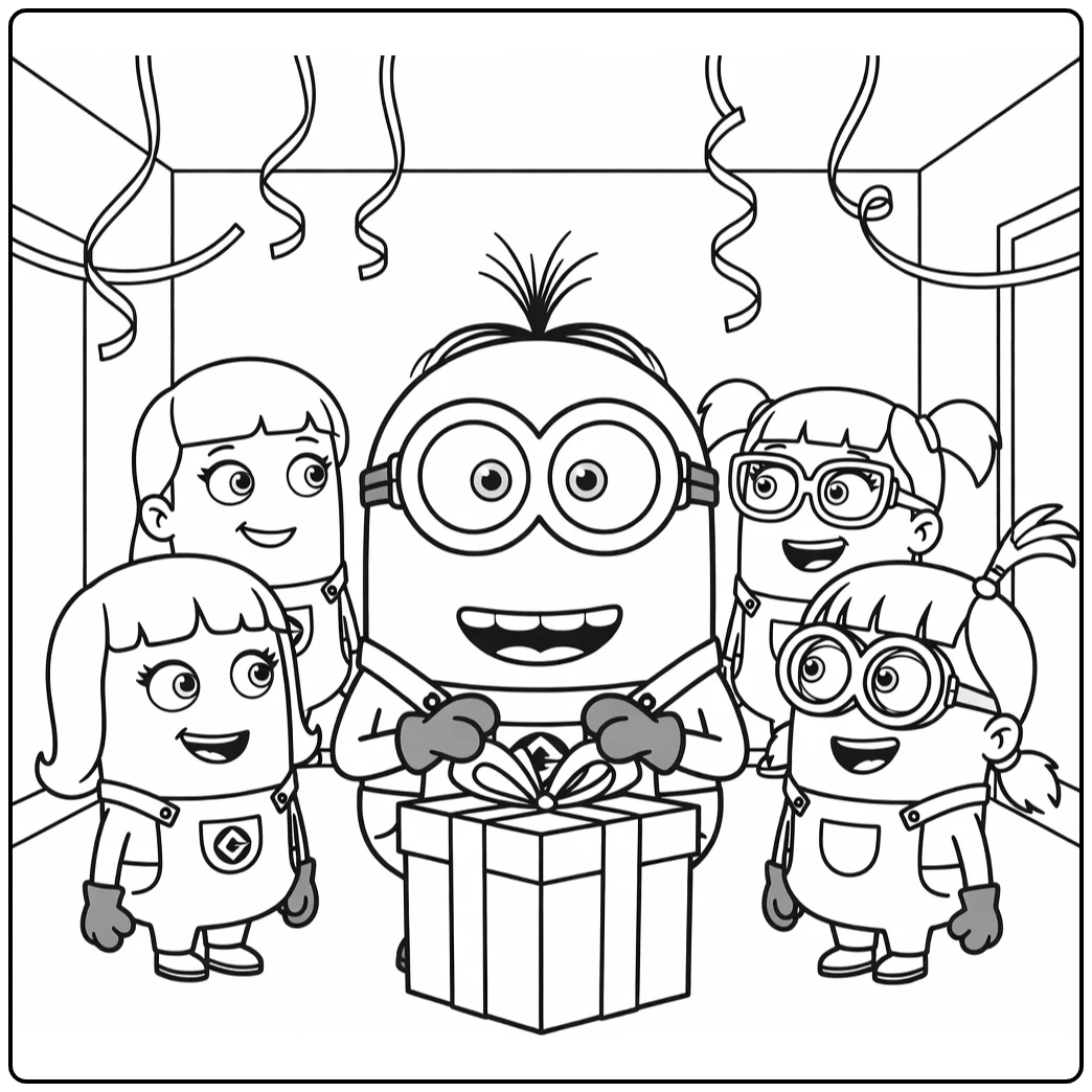 Minions Birthday with Smiling Margo Edith Agnes coloring page