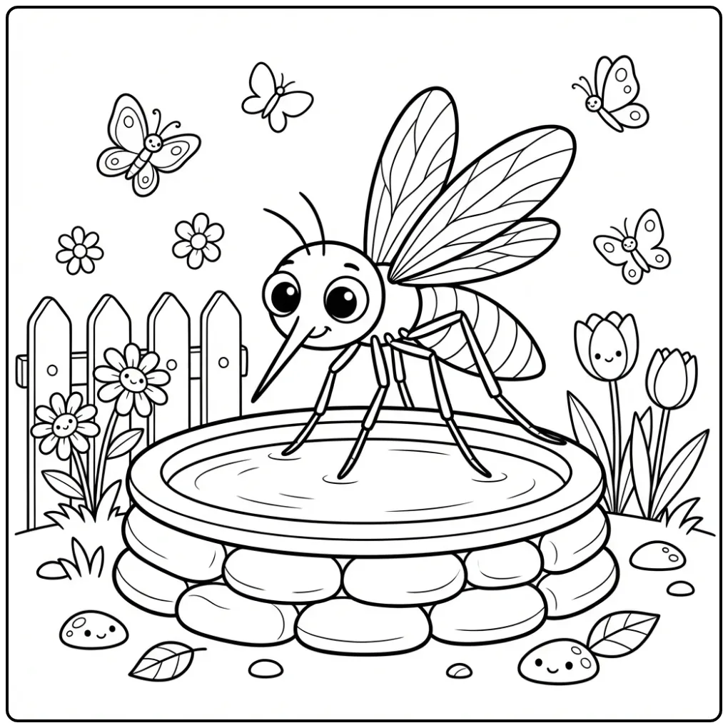 Mosquito coloring page showing a mosquito on a birdbath