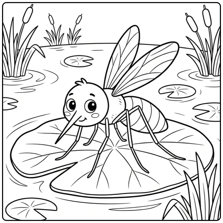 Mosquito coloring page featuring a mosquito on a lotus leaf
