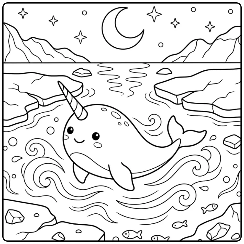 Narwhal in an Arctic Landscape with Stars coloring page