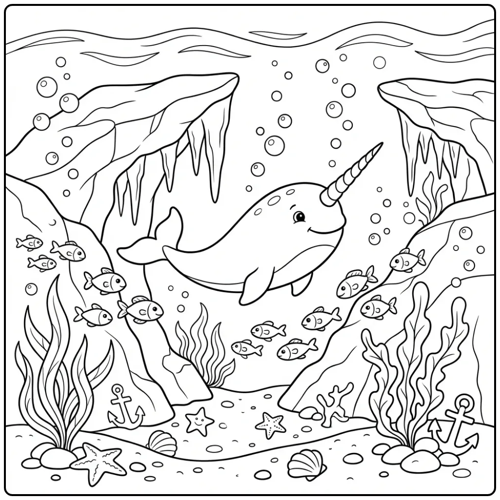 Narwhal in an Arctic Cave with Fish coloring page
