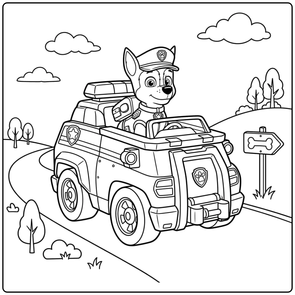 Paw Patrol Vehicle Chase Behind the Steering Wheel coloring page