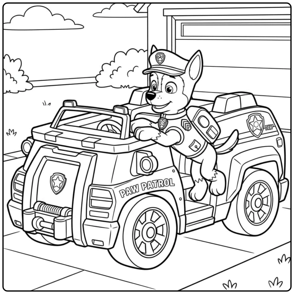 Paw Patrol Chase Car Ready for a Exciting Mission coloring page