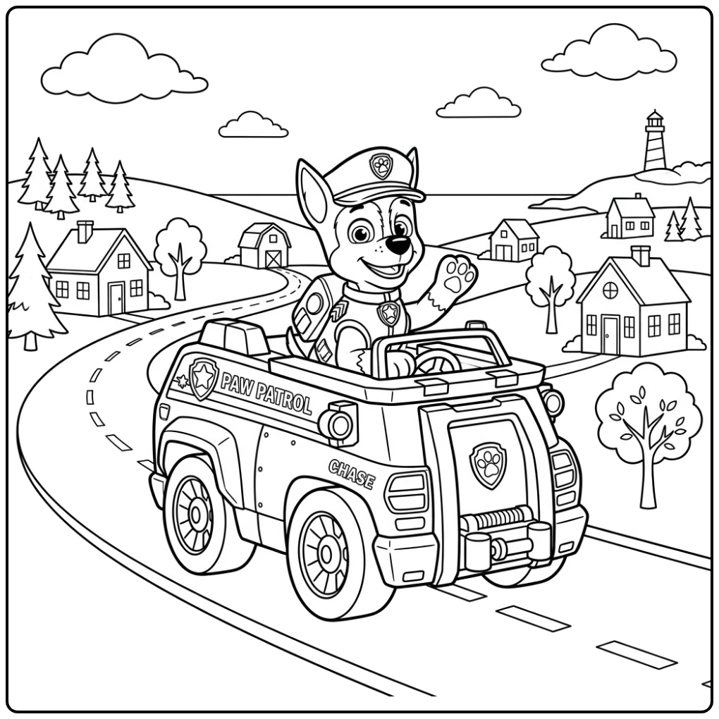 Paw Patrol Chase Adventurous Ride in the Police Car coloring page