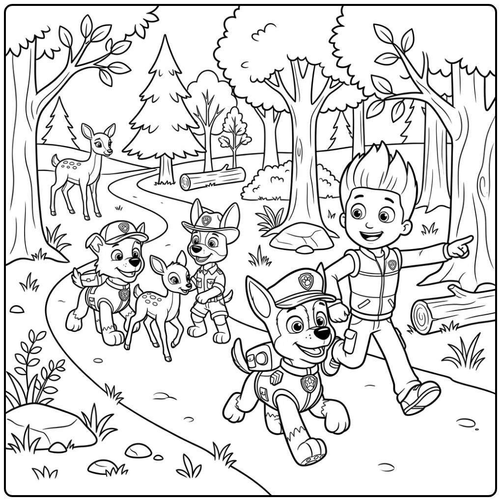 Paw Patrol Chase Leading Forest Rescue with Ryder coloring page