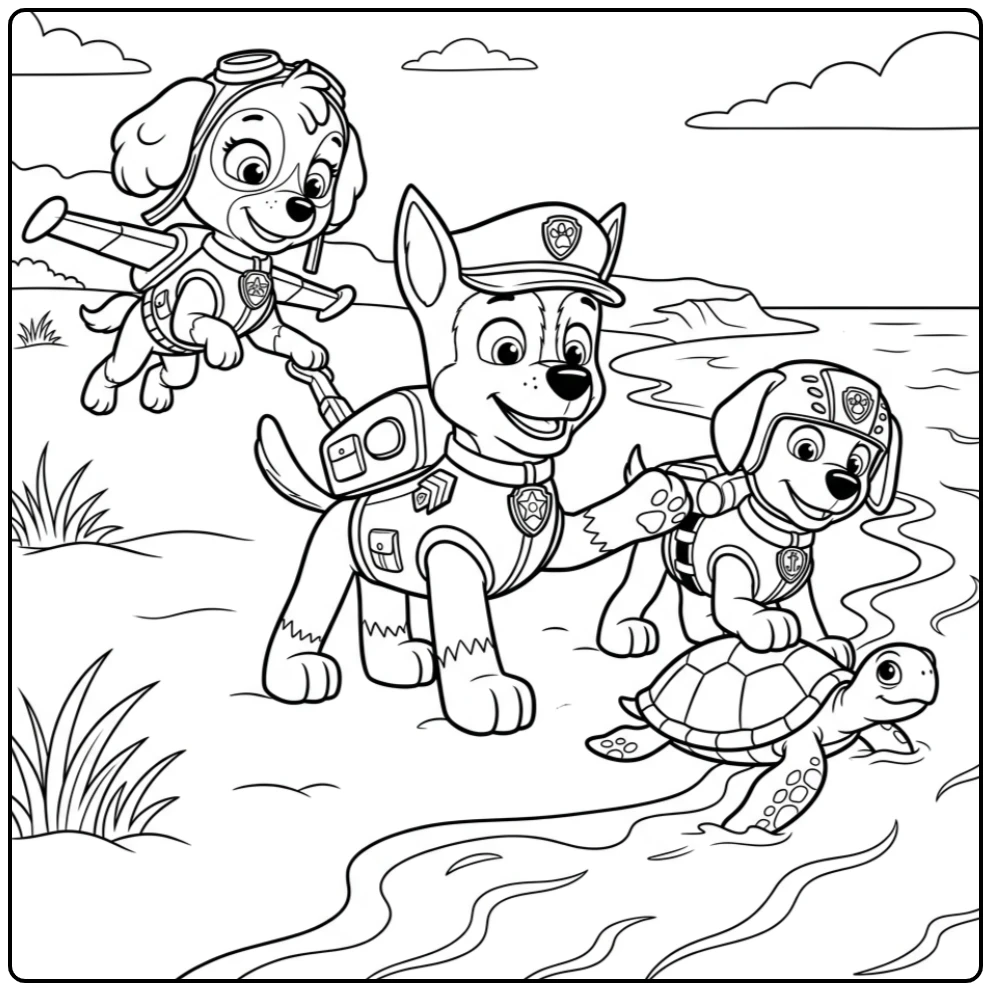 Paw Patrol Chase Big Beach Rescue with Team coloring page