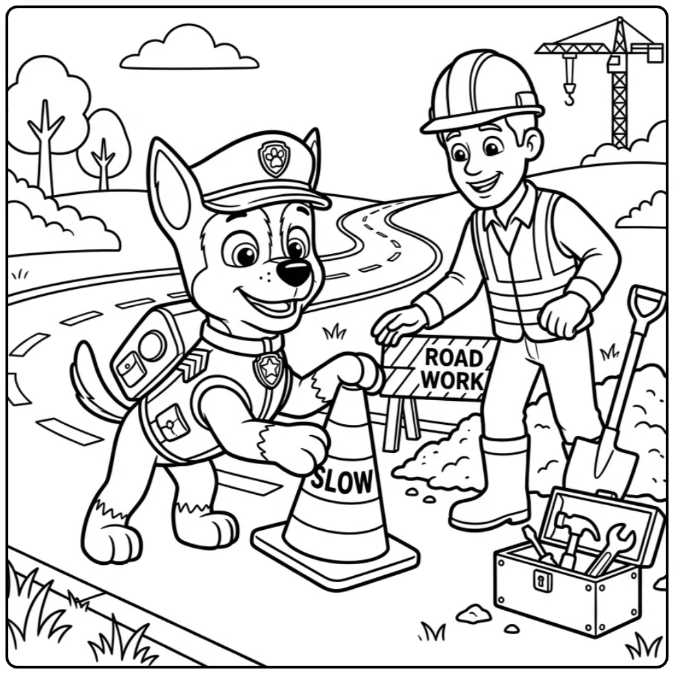 Paw Patrol Chase Helping with Road Repair coloring page