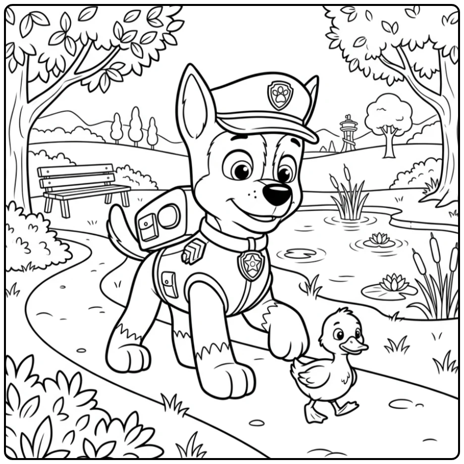 Paw Patrol Chase Rescuing Lost Duckling in Park coloring page