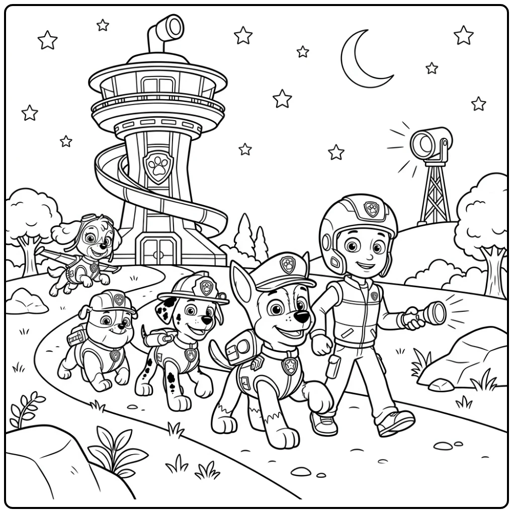 Paw Patrol Chase Ryder and Pups Practicing Nighttime Mission coloring page