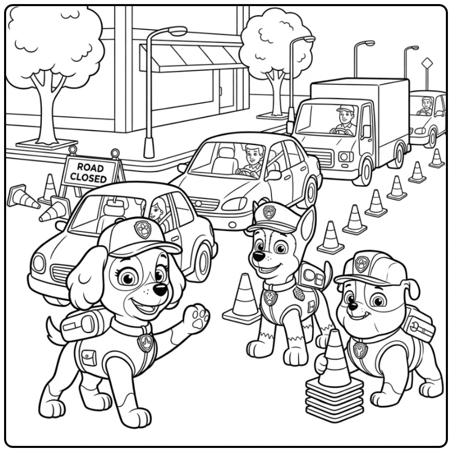 Paw Patrol Liberty Helping with Traffic Alongside Chase and Rubble coloring page