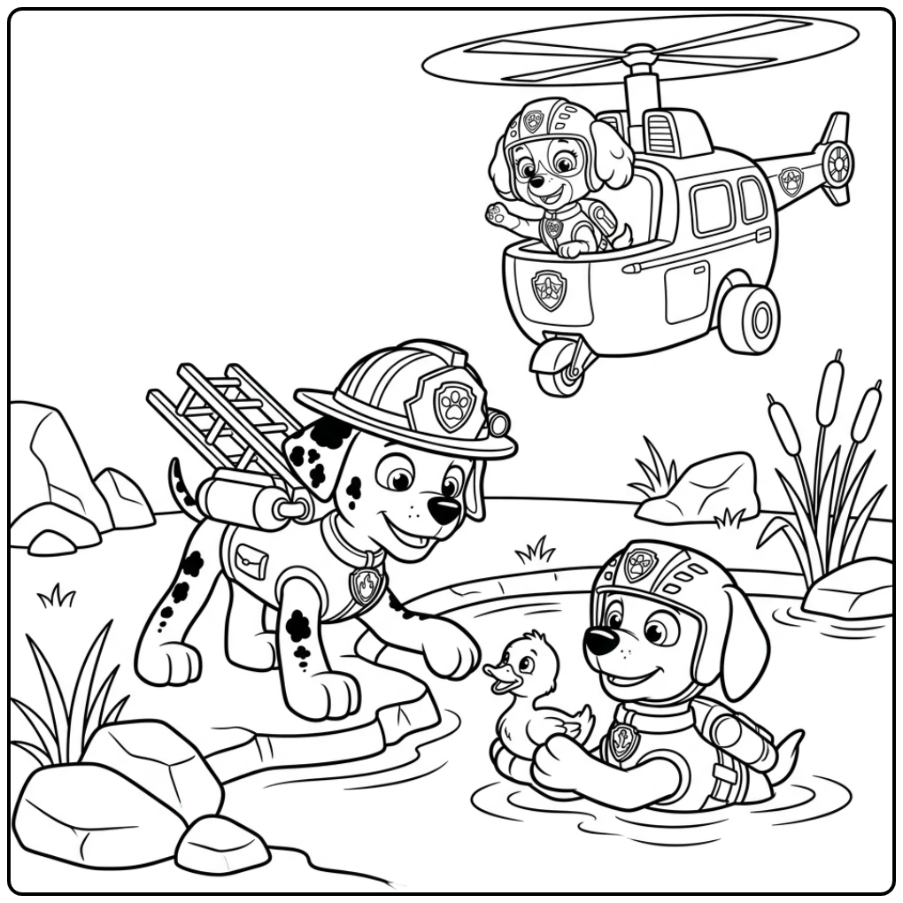 Paw Patrol Marshall Brave Rescue of Duckling at Lake coloring page