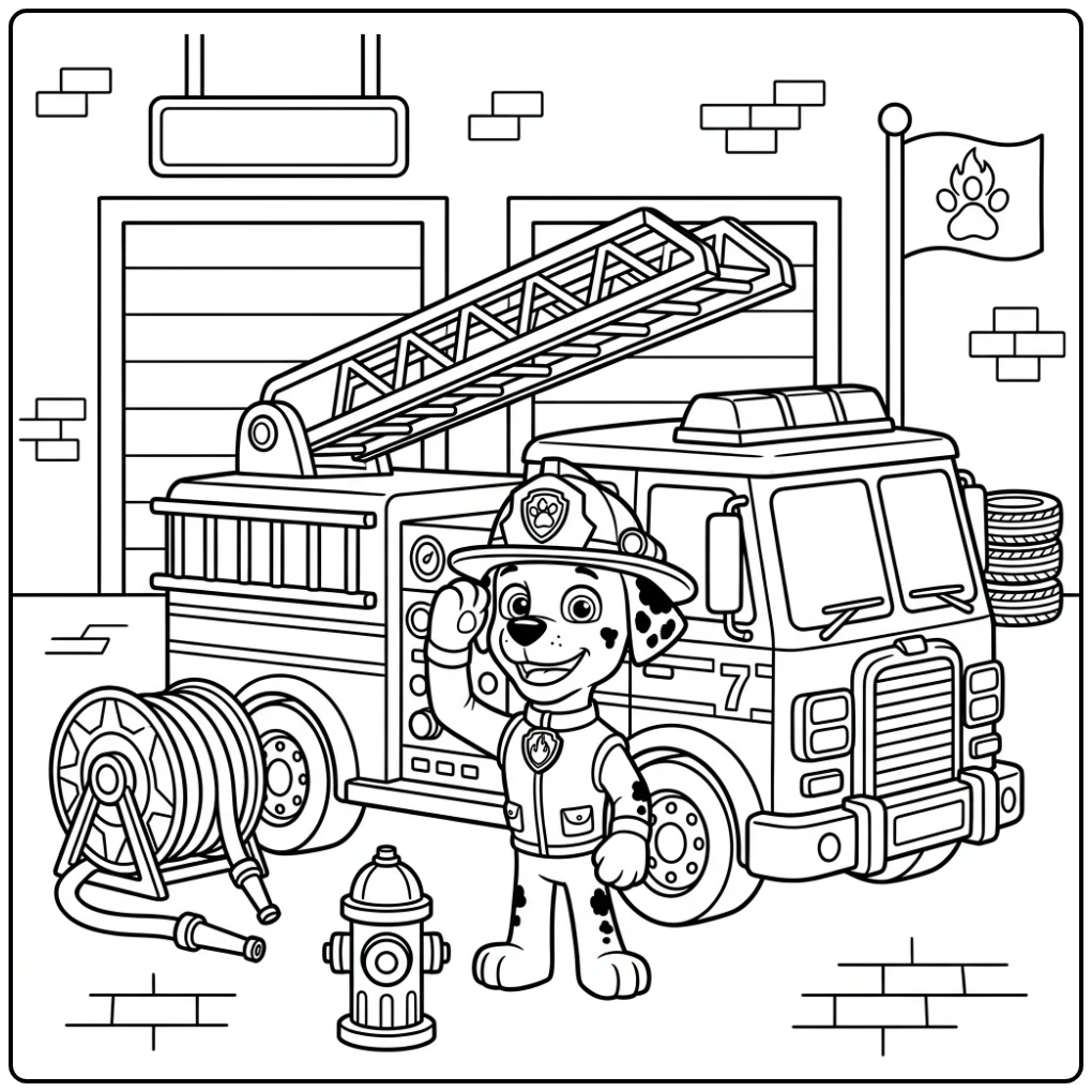Paw Patrol Marshall Heroic Pup with Fire Truck coloring page