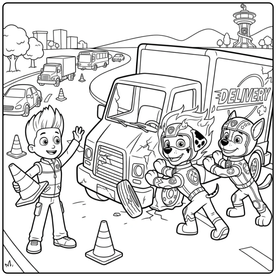 Paw Patrol Mega Pups Heroic Rescue Through Marshall and Chase coloring page