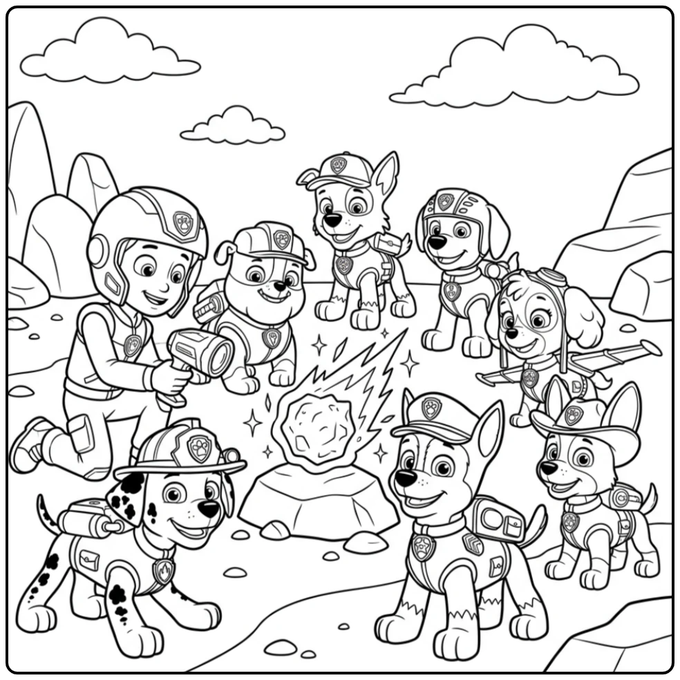Paw Patrol Mega Pups Ryder and Team with Magical Meteorite coloring page