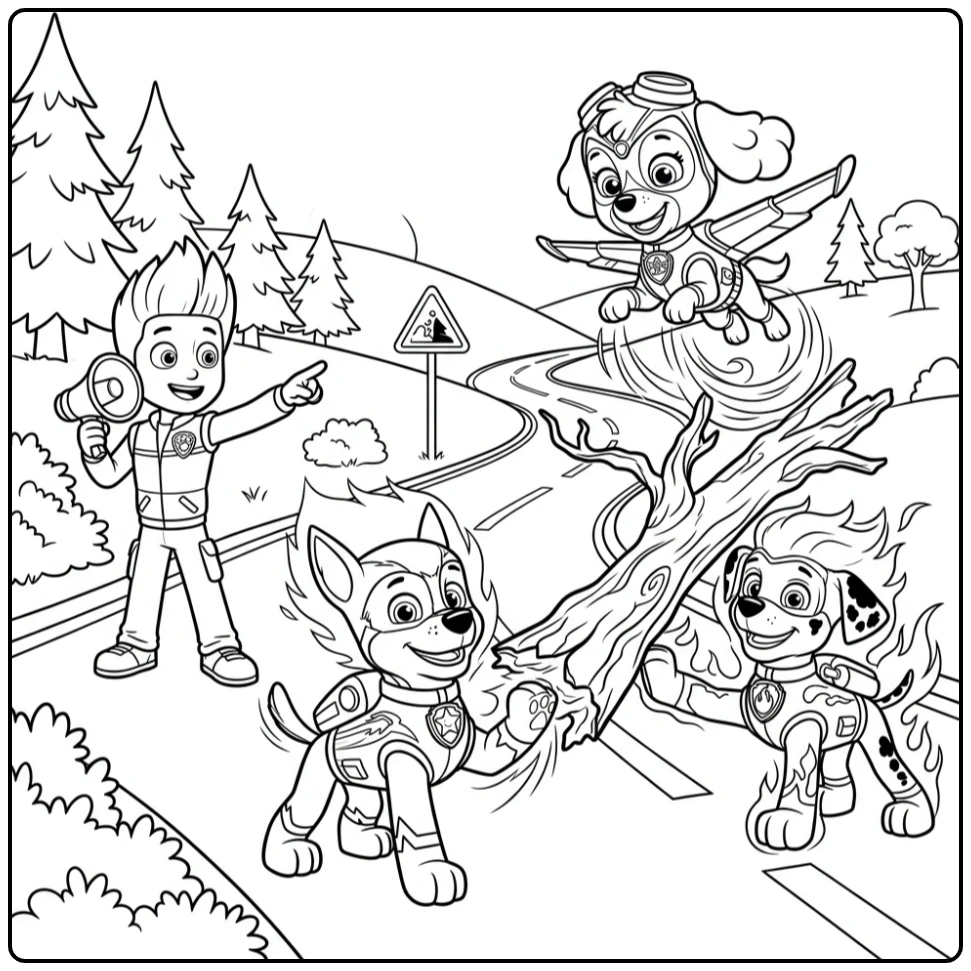 Paw Patrol Mega Pups Teamwork with Tree Rescue coloring page