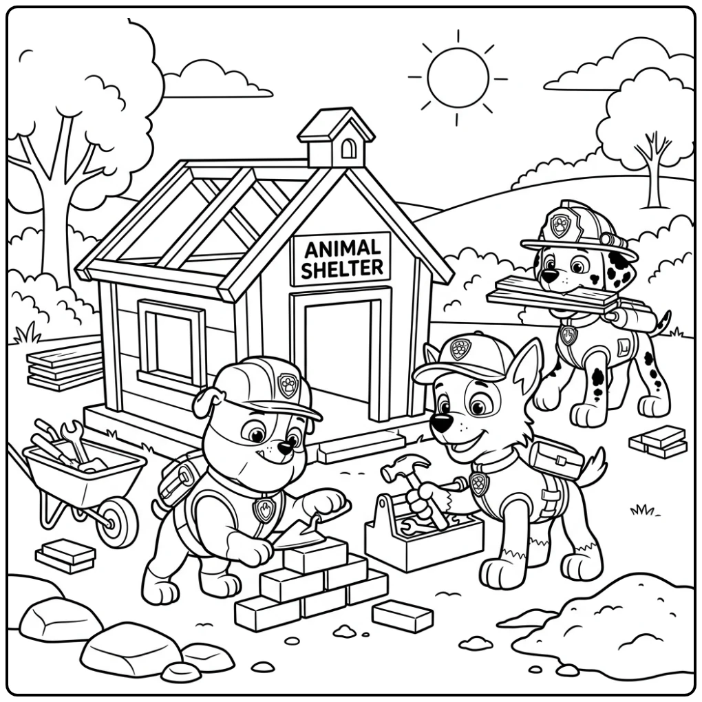 Paw Patrol Rubble Shelter Building with Marshall Rocky coloring page