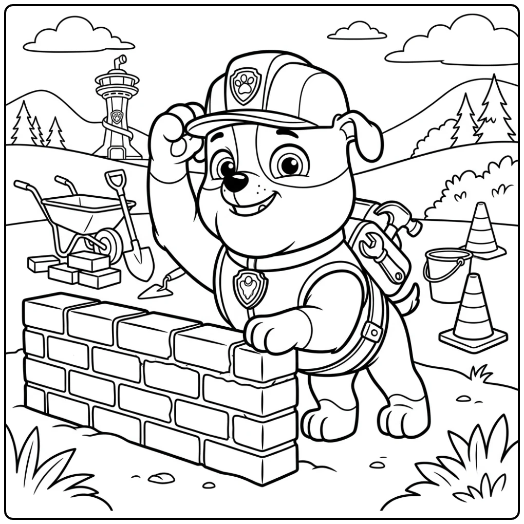 Paw Patrol Rubble coloring page with a construction adventure