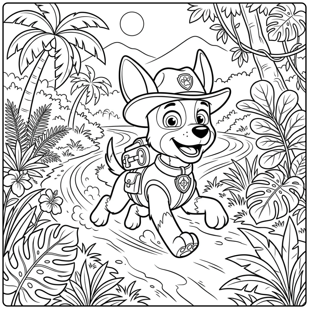 Paw Patrol Tracker Adventurously Running in the Jungle coloring page