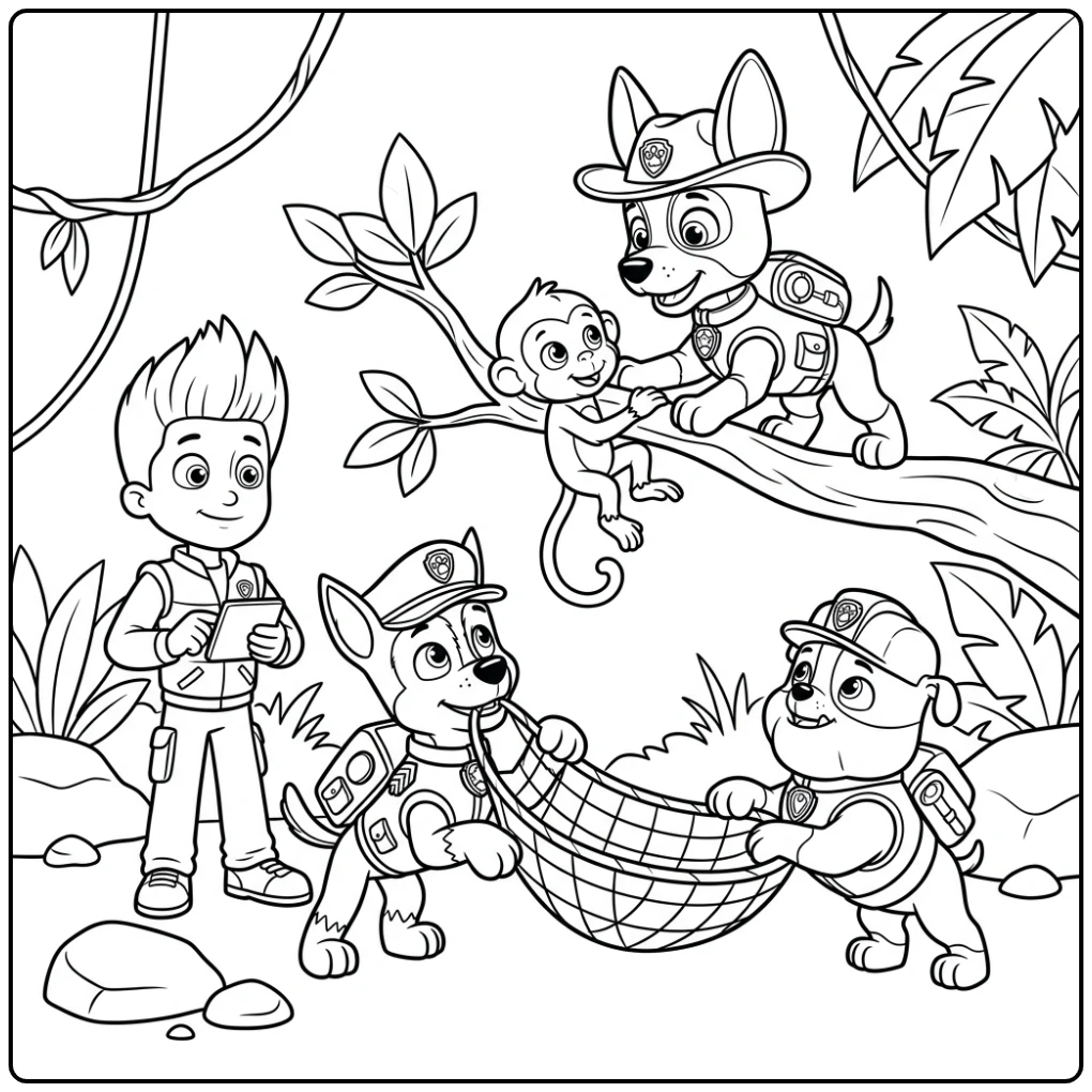 Paw Patrol Tracker Rescue in the Jungle with Friends coloring page