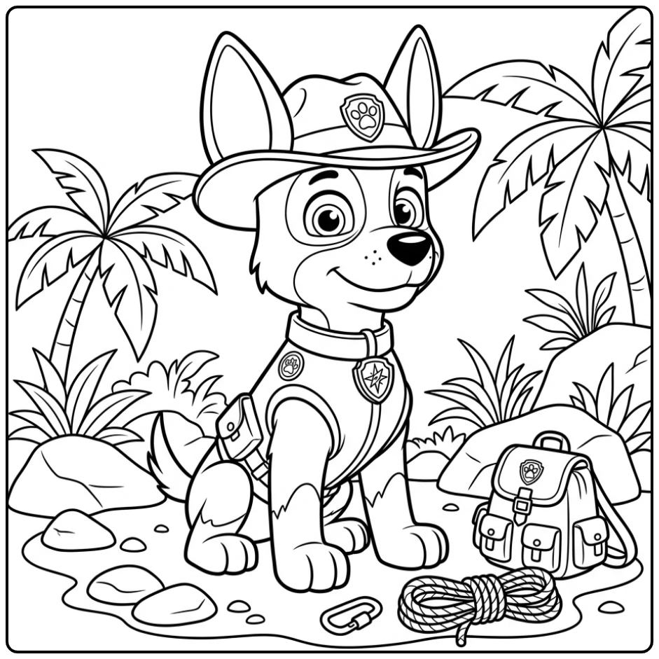 Paw Patrol Tracker coloring page with a jungle adventure