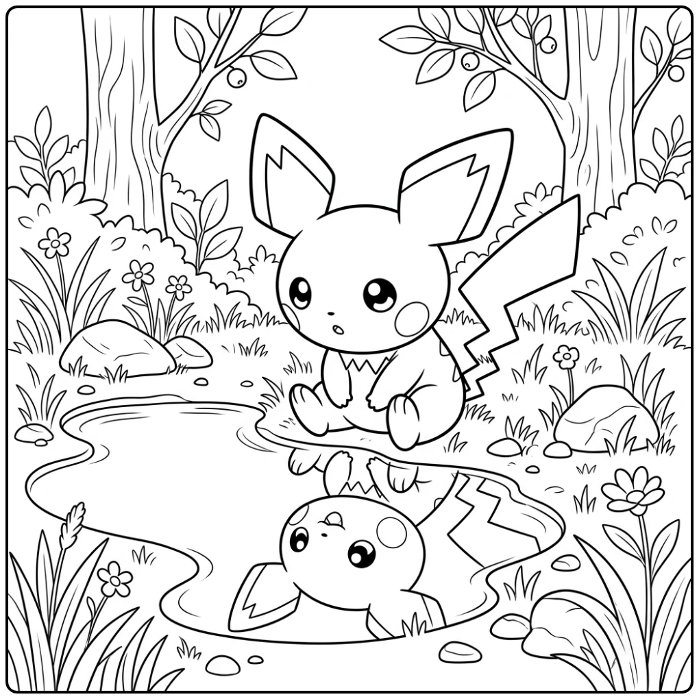 Pichu Looking Fascinated in a Puddle coloring page