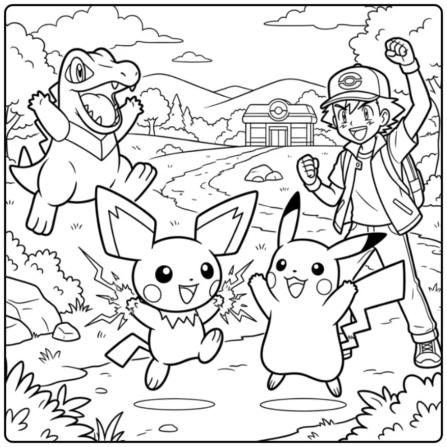 Pichu with Pikachu Ash and a Happy Totodile coloring page