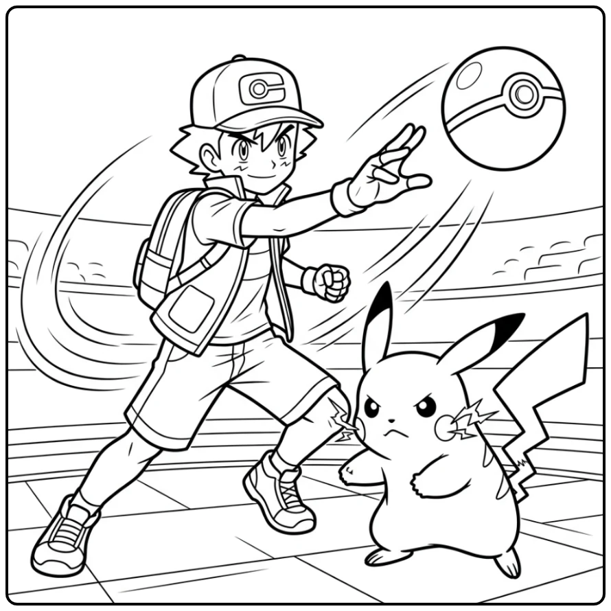 Pokemon Ash Throwing Poke Ball with Pikachu Ready coloring page