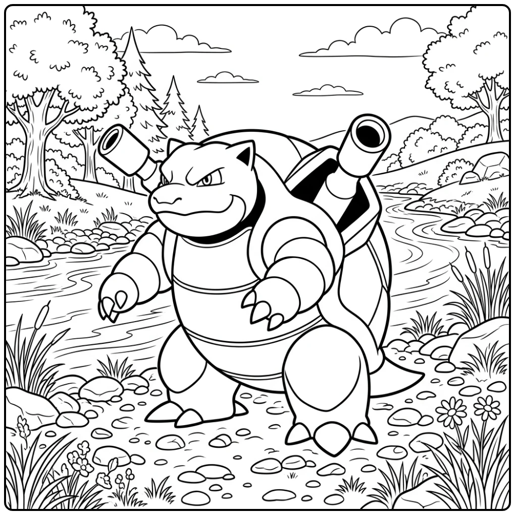 Pokemon Blastoise with Cannons at the Shore coloring page