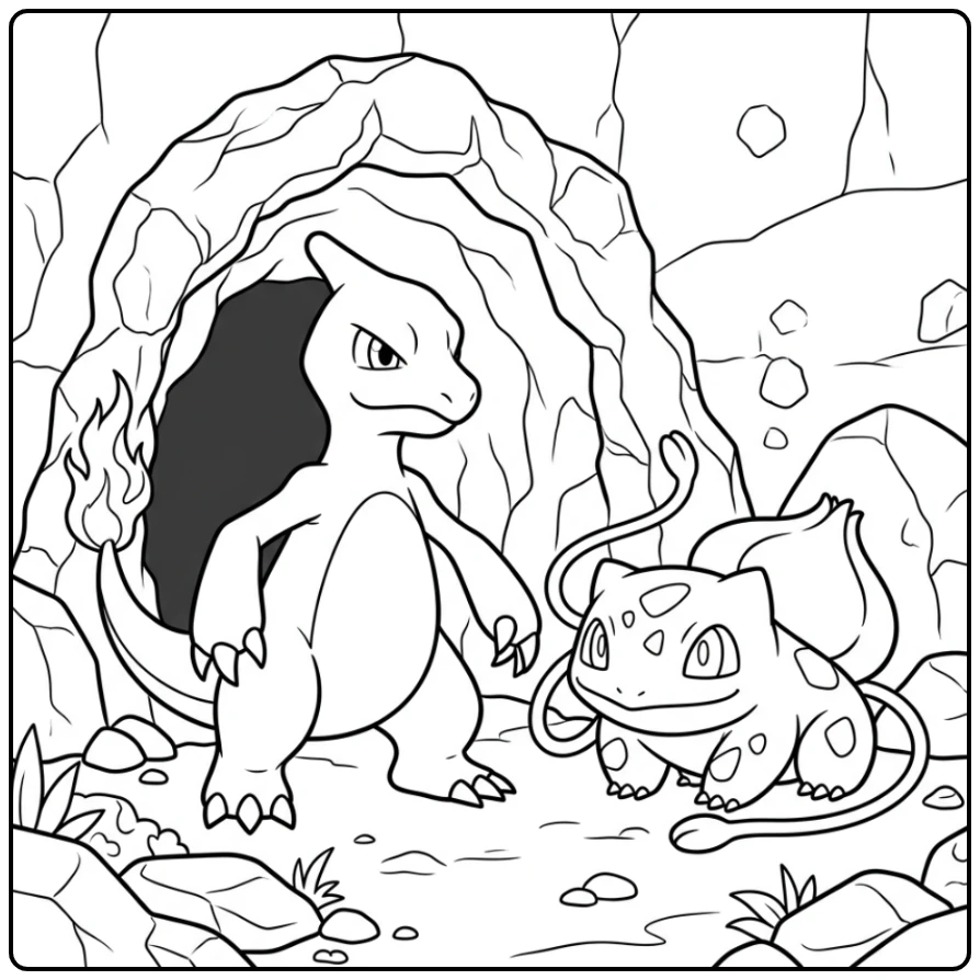 Pokemon Charmeleon and Bulbasaur with the Cave coloring page