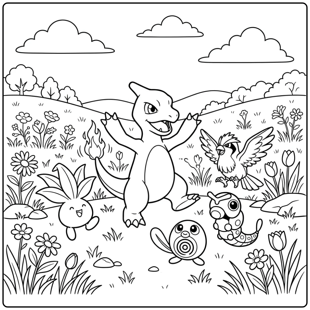 Charmeleon Party in a Sunny Pokemon Field coloring page