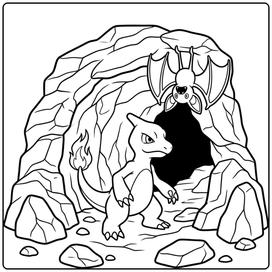 Pokemon Charmeleon Cave Adventure with Curious Zubat coloring page