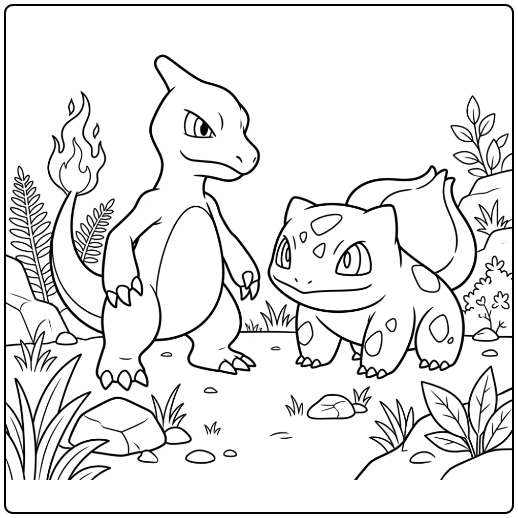 Pokemon Charmeleon Intense Stare-down with Bulbasaur coloring page
