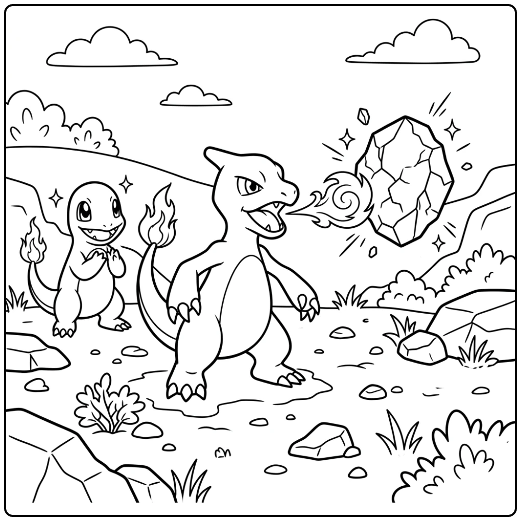 Pokemon Charmeleon Intense Training with Charmander coloring page