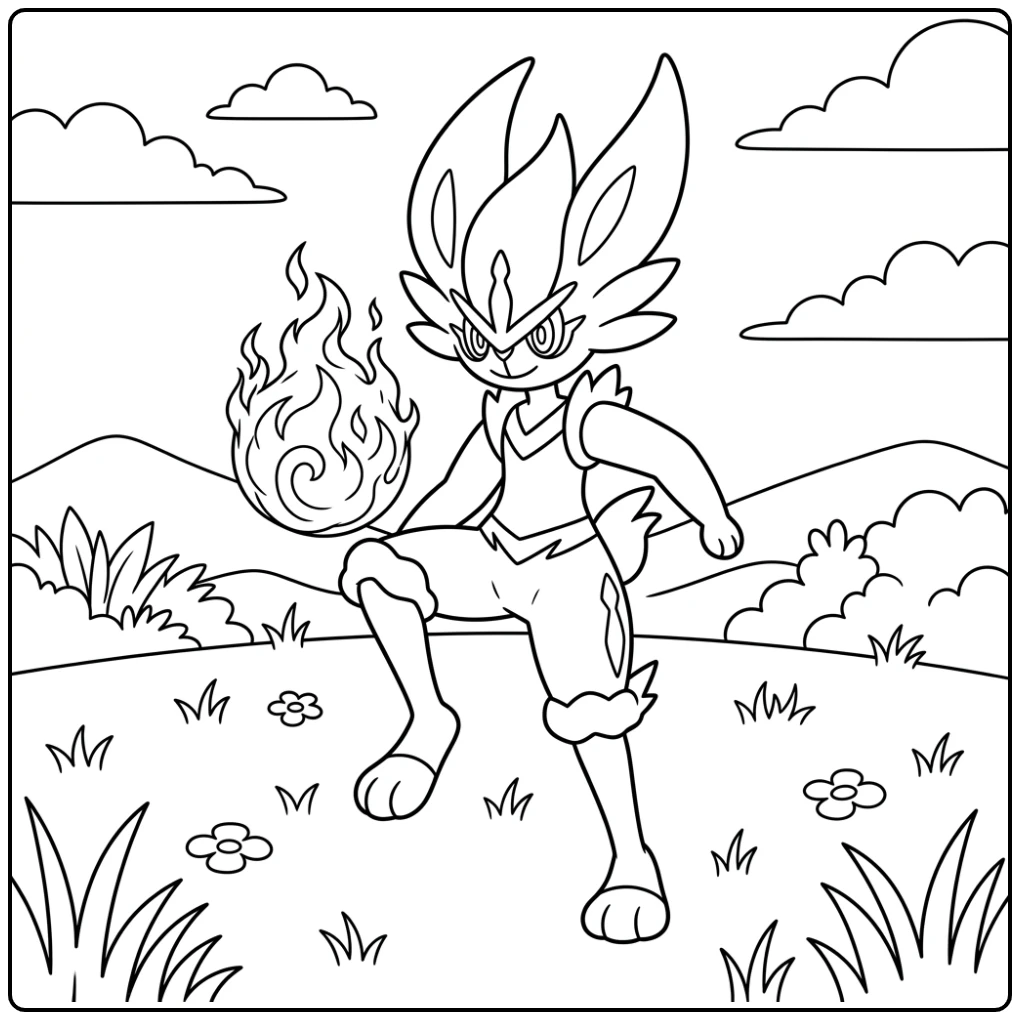Pokemon Cinderace coloring page with an action scene