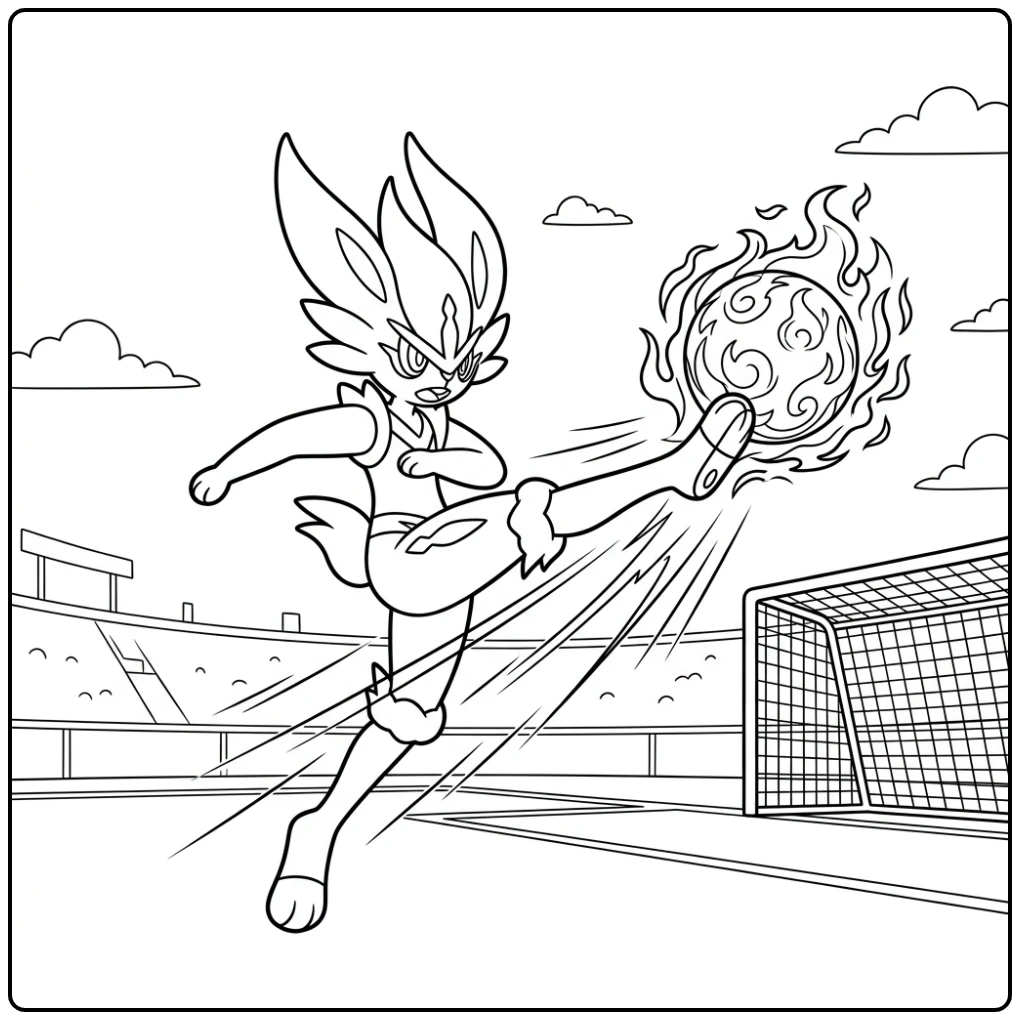 Pokemon Cinderace Fiery Kick in Stadium coloring page
