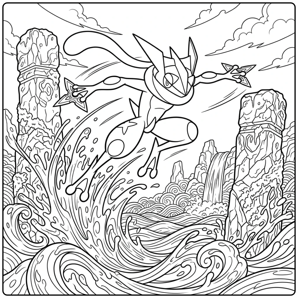 Pokemon Detailed Greninja's Fast Jump with Pillars coloring page
