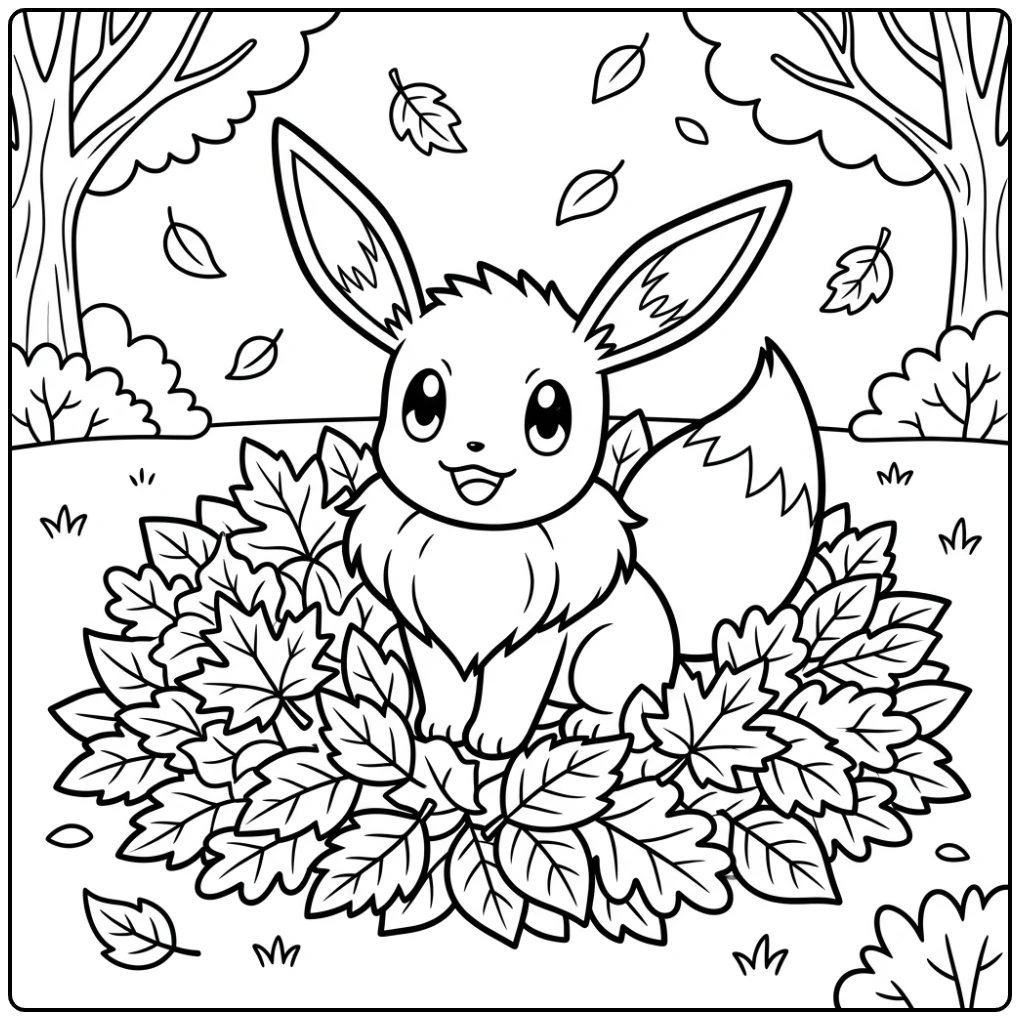 Pokemon Cute Eevee in Soft Autumn Leaves coloring page