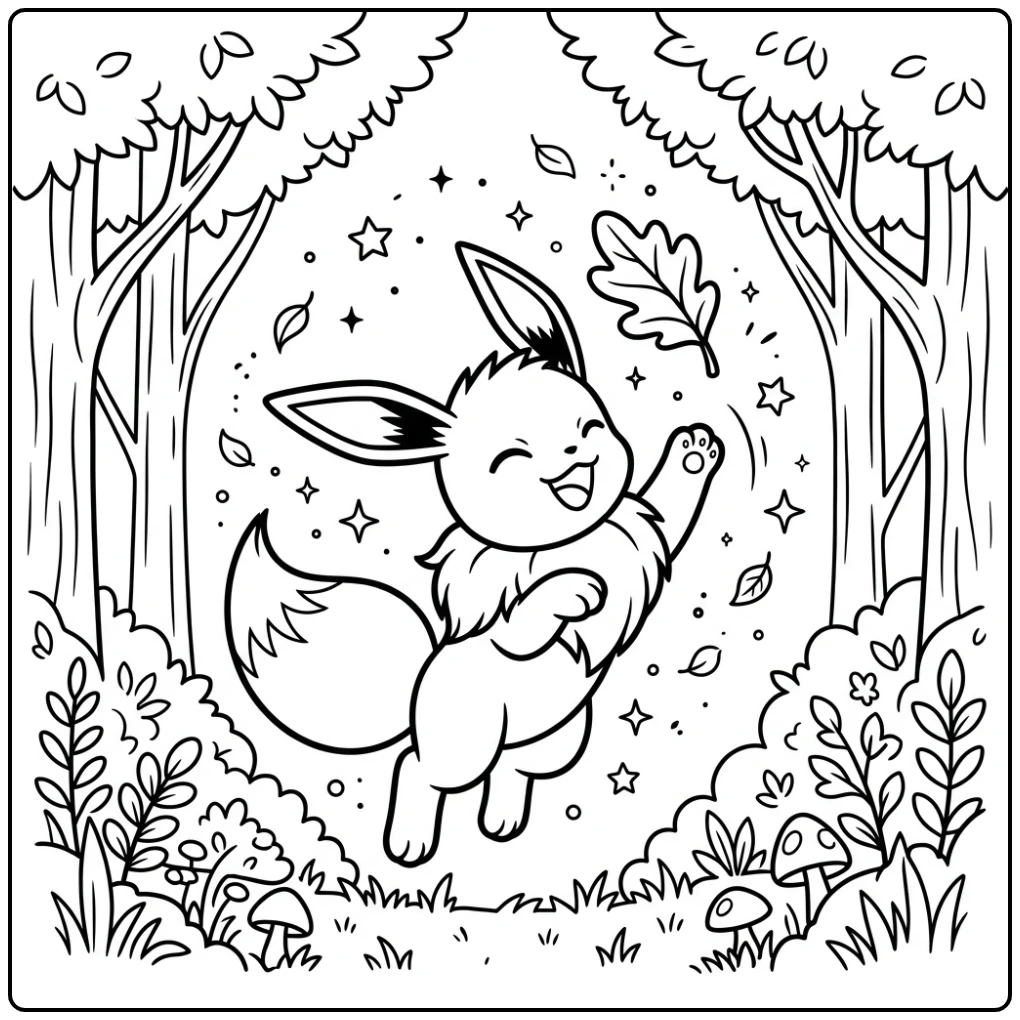 Cute Pokemon Eevee Cheerfully Catching a Leaf coloring page