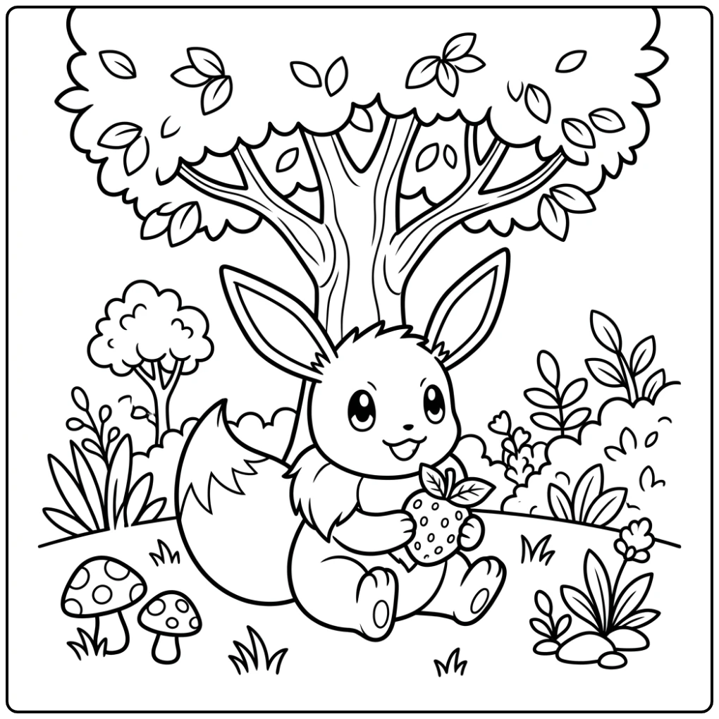 Pokemon Cute Eevee Resting Under Tree with Berry coloring page