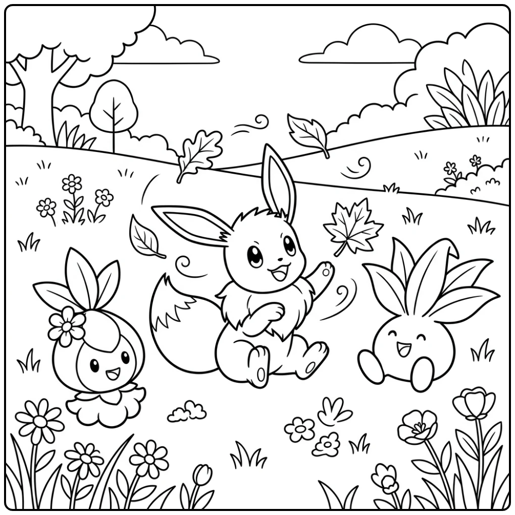 Cute Pokemon Eevee Playing Cheerfully in the Grass coloring page