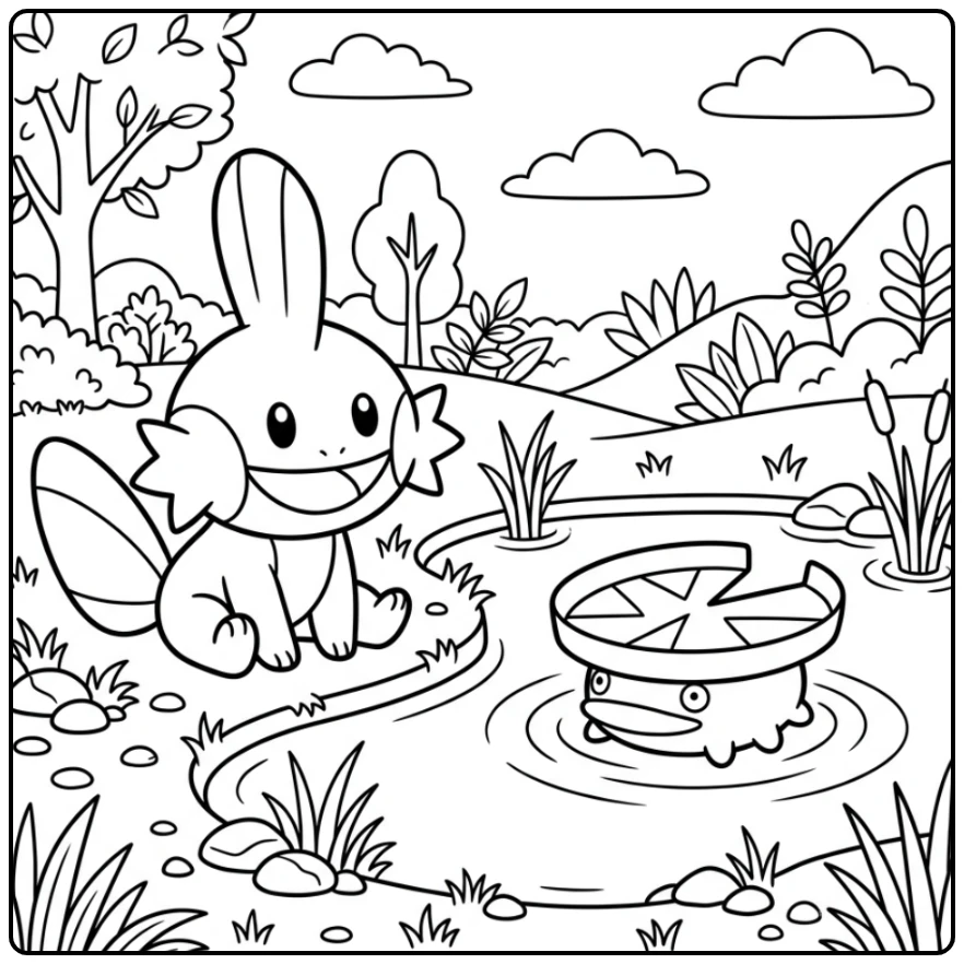 Pokemon Cute Mudkip and Lotad at the Pond coloring page