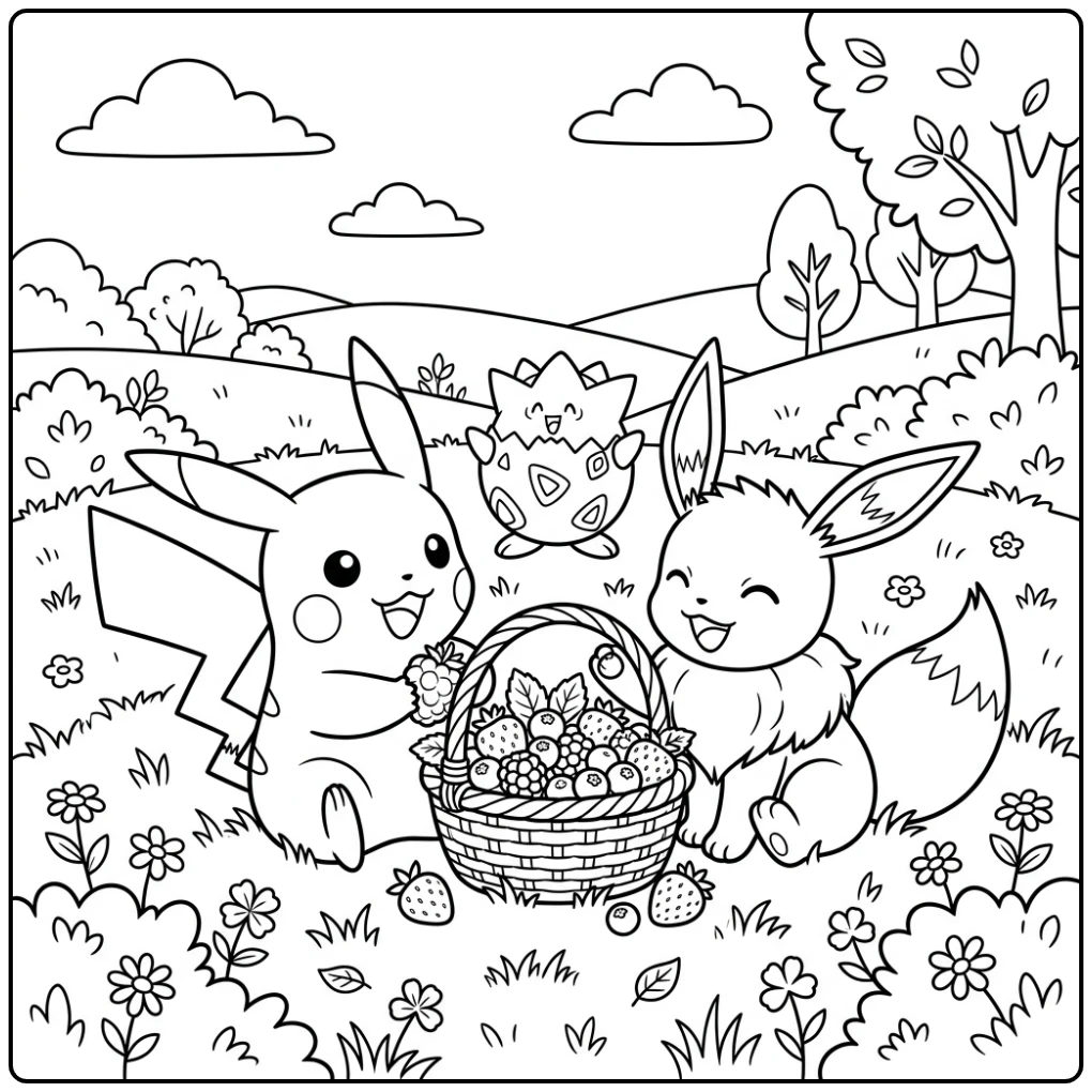 Pokemon Cute Pikachu and Eevee Sharing Berries coloring page