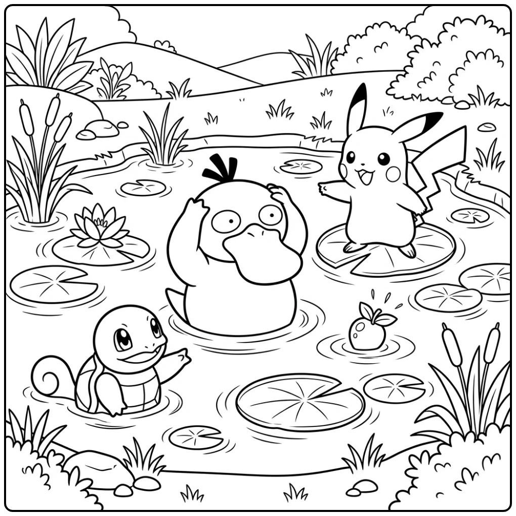 Pokemon Cute Psyduck Pikachu Squirtle Searching Berry coloring page