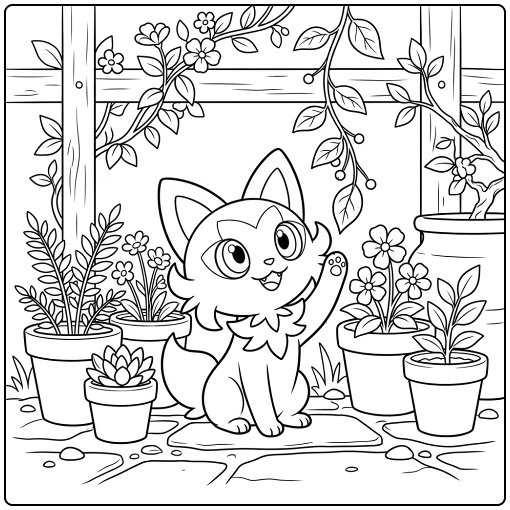 Pokemon Cute Sprigatito Playing with a Leaf coloring page