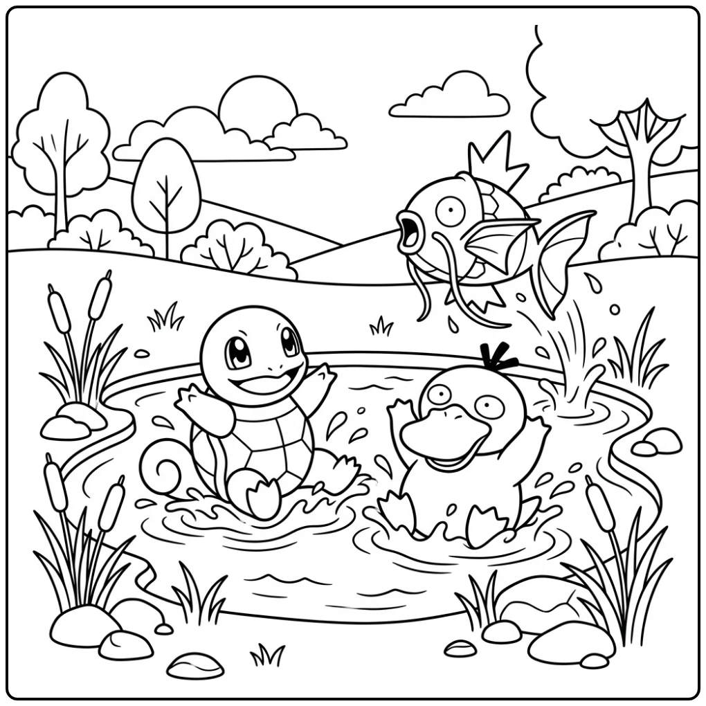 Pokemon Cute Squirtle Psyduck and Jumping Magikarp coloring page